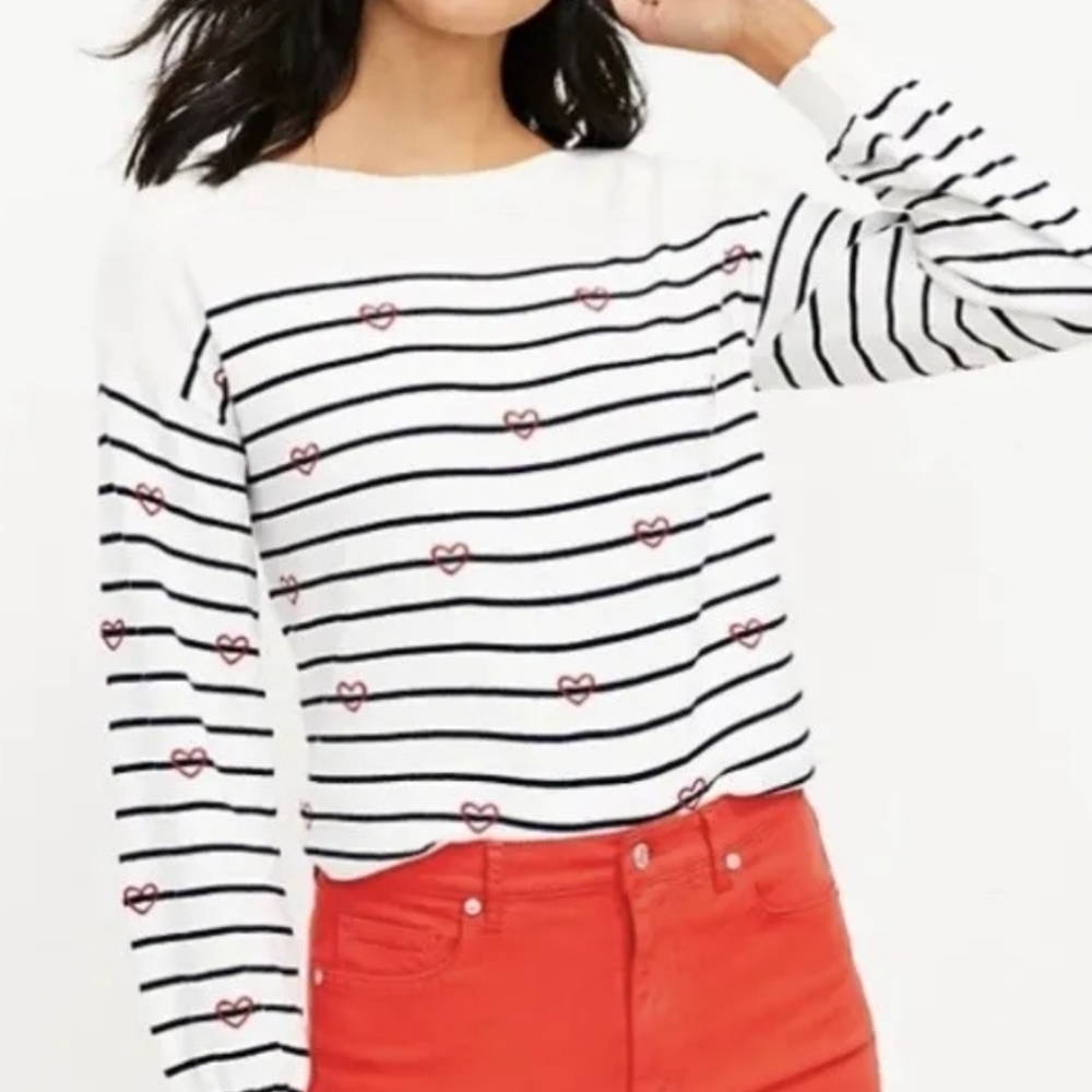 NEW! LOFT Cotton Blend Striped Embroidered Heart Knit Sweater Top. - Picture 1 of 7